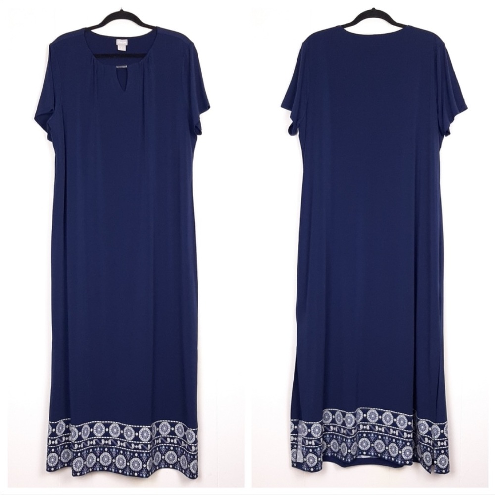 Chico's short sleeve medallion print stretch maxi shift dress navy blue coastal